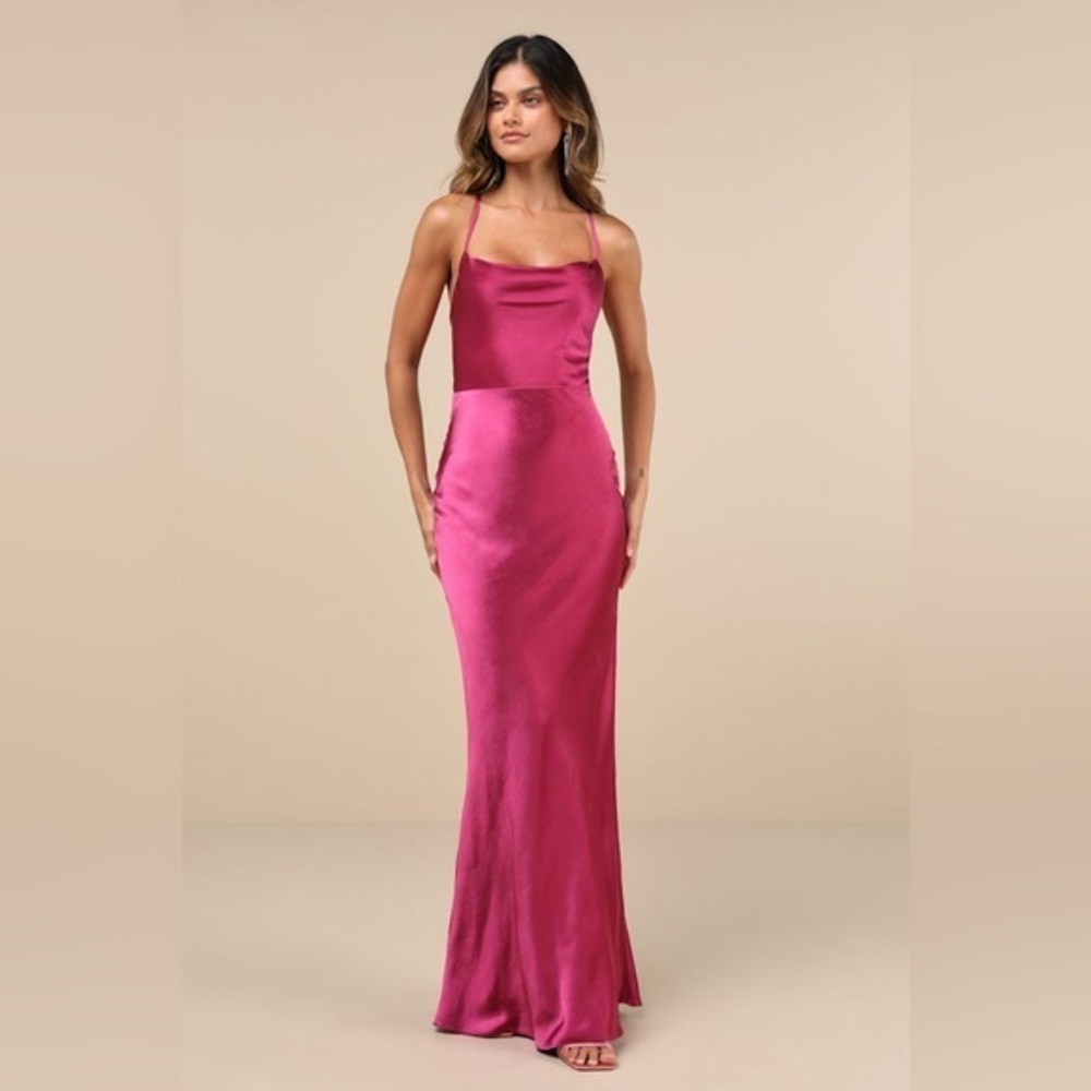 LULU’S INSPIRE ROMANCE SATIN COWL NECK LACE UP MAXI DRESS
